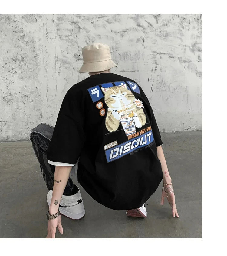 Harajuku Cat Cartoon Eating Noodles Graphic Men Women Tshirts
