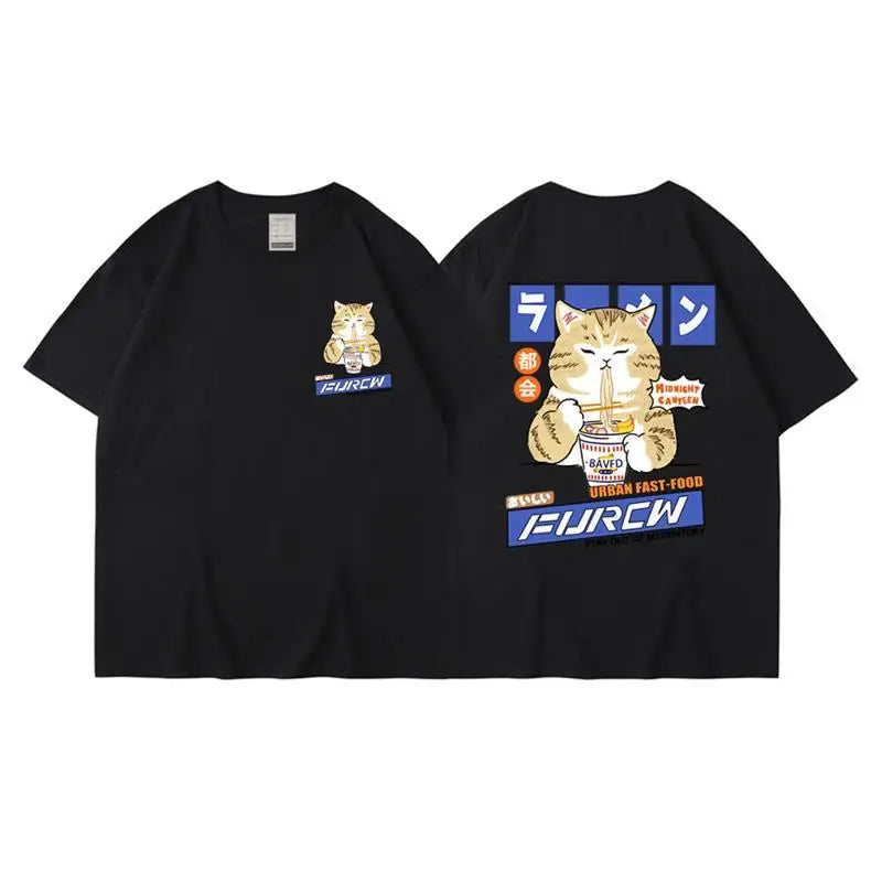 Harajuku Cat Cartoon Eating Noodles Graphic Men Women Tshirts