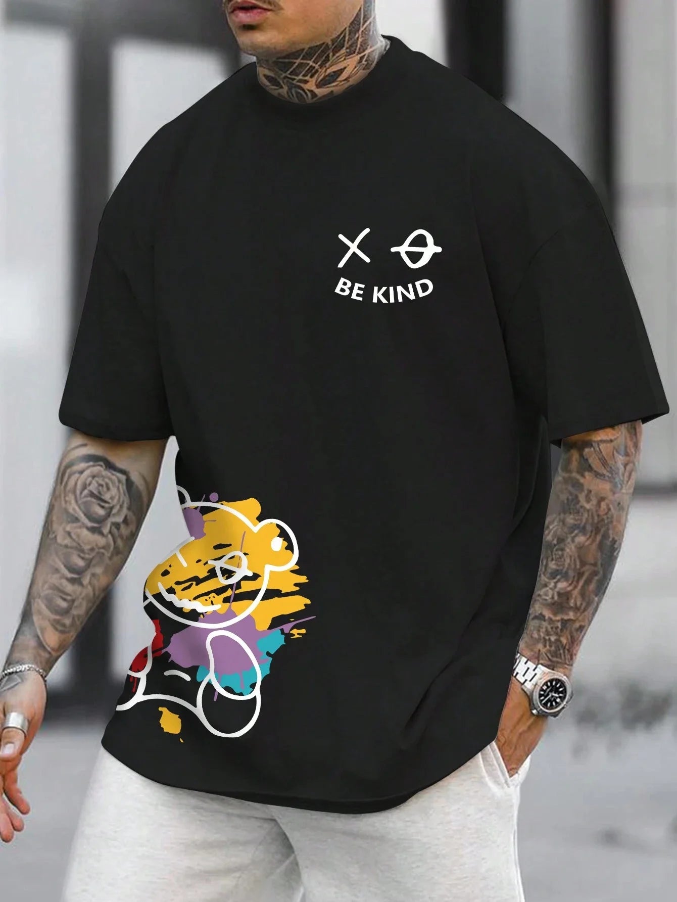 BE KIND letter cartoon print casual comfortable round neck short sleeved T-shirt top