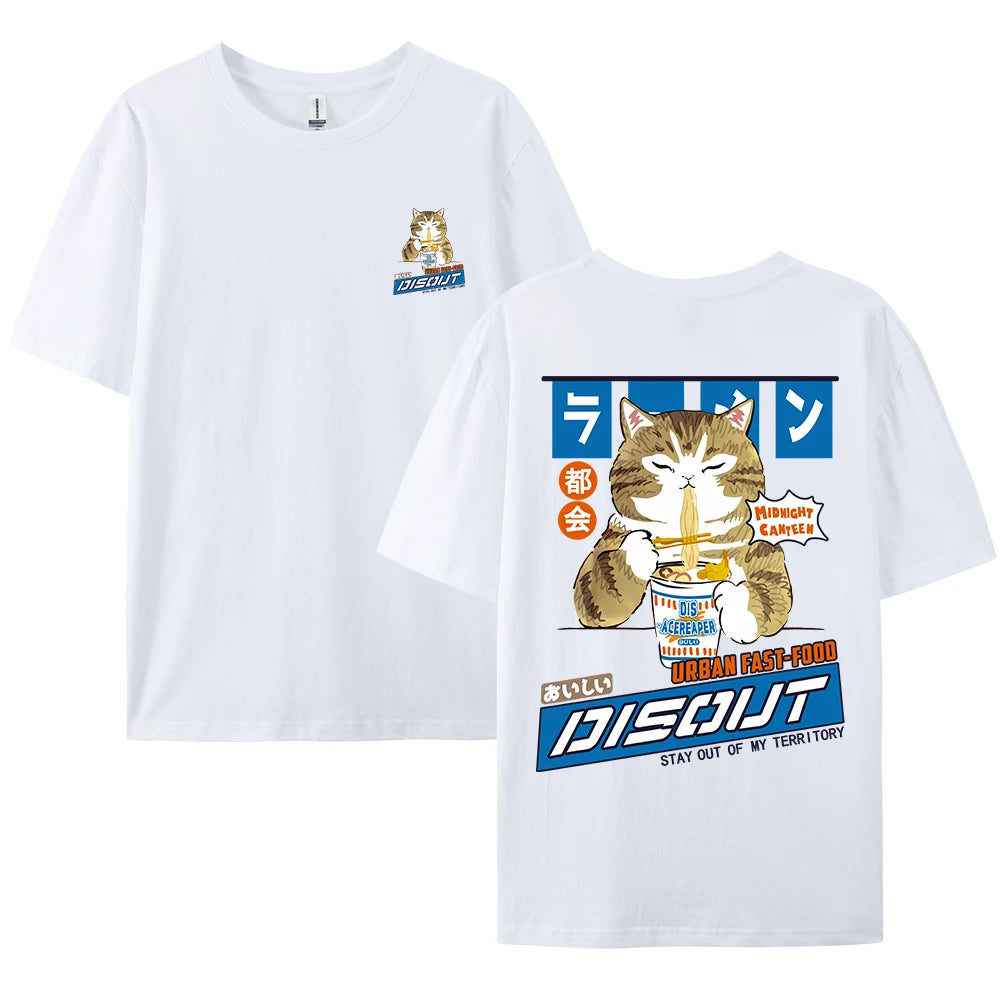 Harajuku Cat Cartoon Eating Noodles Graphic Men Women Tshirts