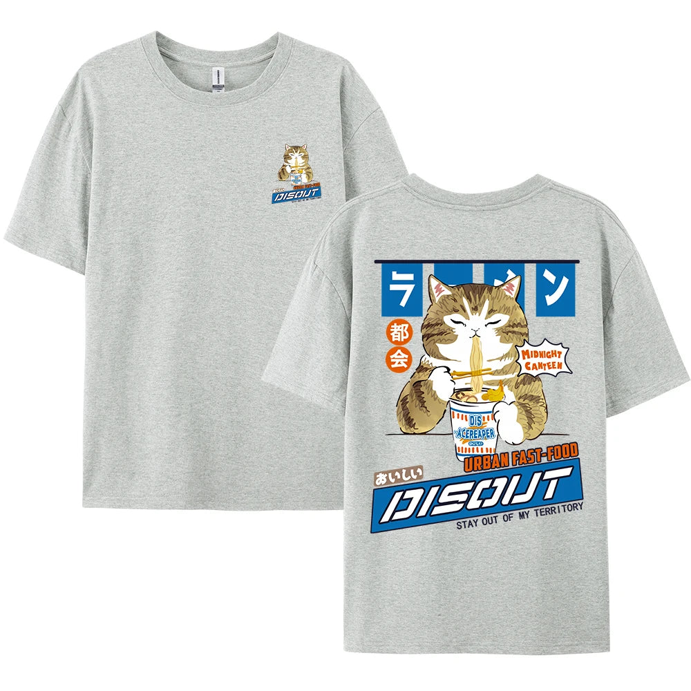 Harajuku Cat Cartoon Eating Noodles Graphic Men Women Tshirts