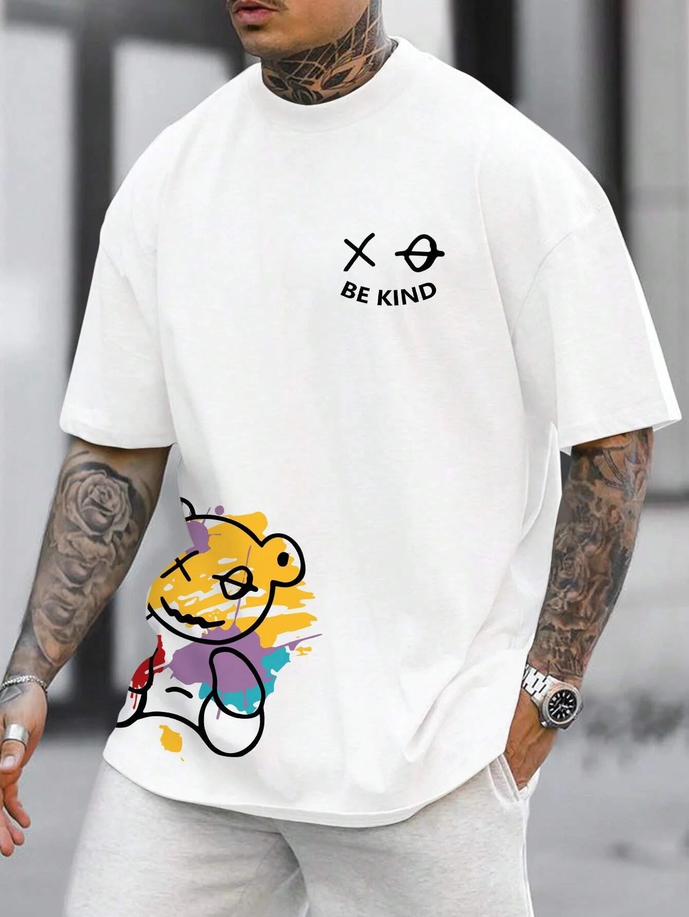 BE KIND letter cartoon print casual comfortable round neck short sleeved T-shirt top