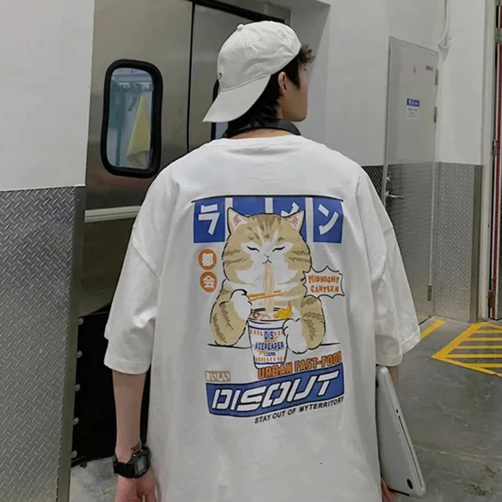 Harajuku Cat Cartoon Eating Noodles Graphic Men Women Tshirts
