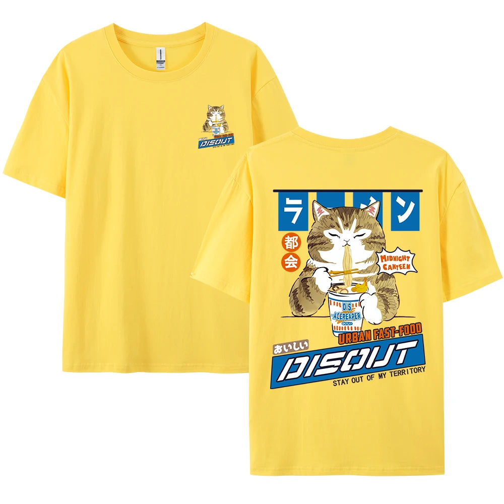 Harajuku Cat Cartoon Eating Noodles Graphic Men Women Tshirts