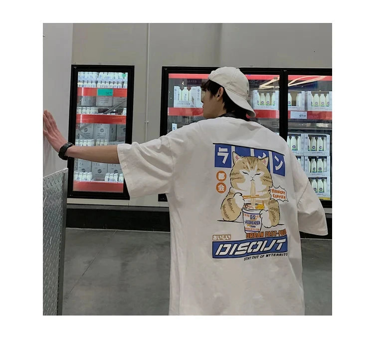 Harajuku Cat Cartoon Eating Noodles Graphic Men Women Tshirts