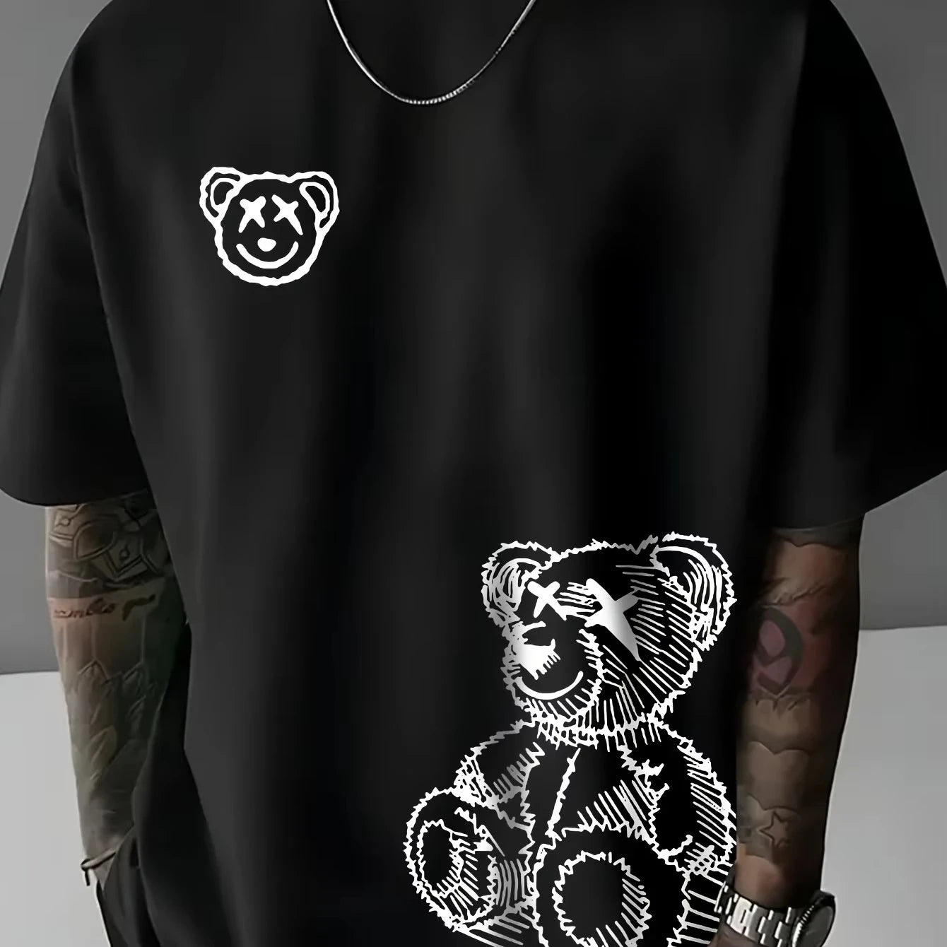 Cartoon Bear Pattern Printed Round Neck Short Sleeved T-shirt