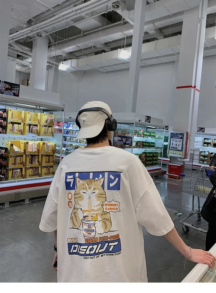 Harajuku Cat Cartoon Eating Noodles Graphic Men Women Tshirts