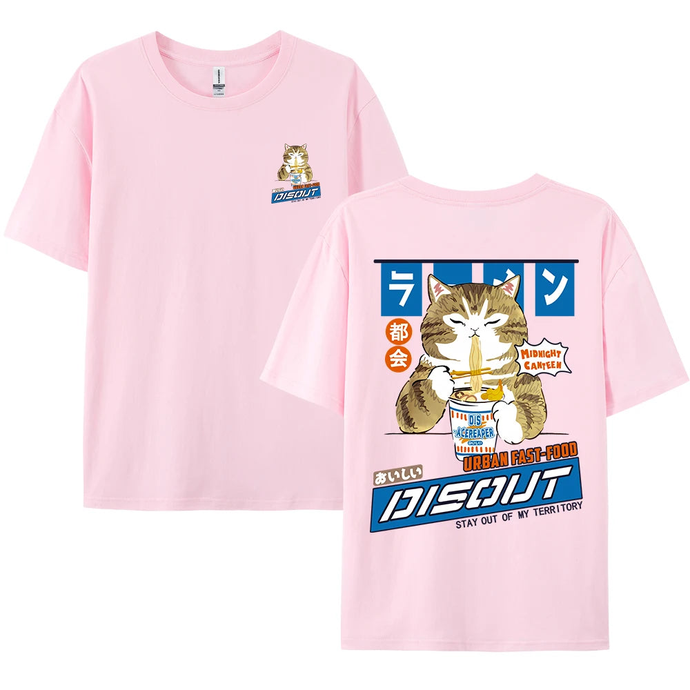 Harajuku Cat Cartoon Eating Noodles Graphic Men Women Tshirts