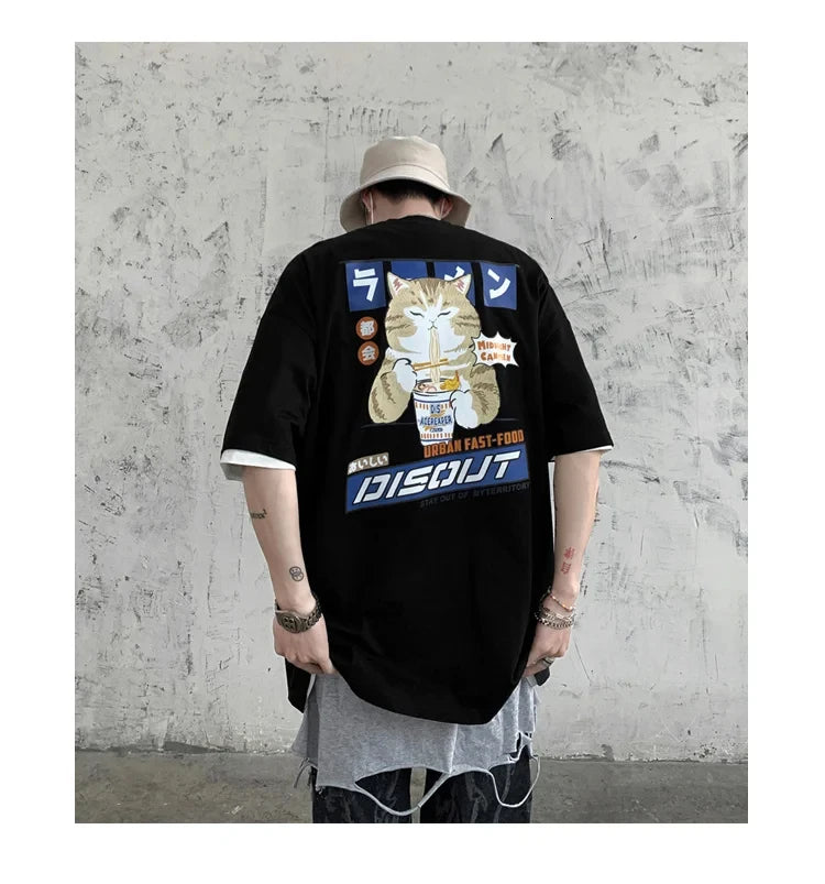 Harajuku Cat Cartoon Eating Noodles Graphic Men Women Tshirts
