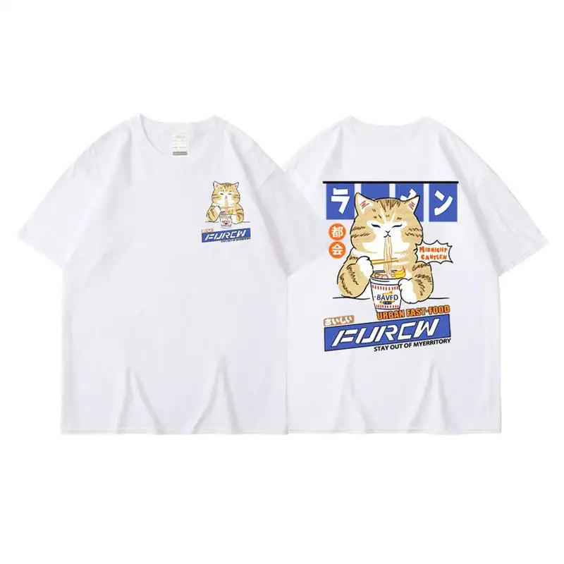 Harajuku Cat Cartoon Eating Noodles Graphic Men Women Tshirts