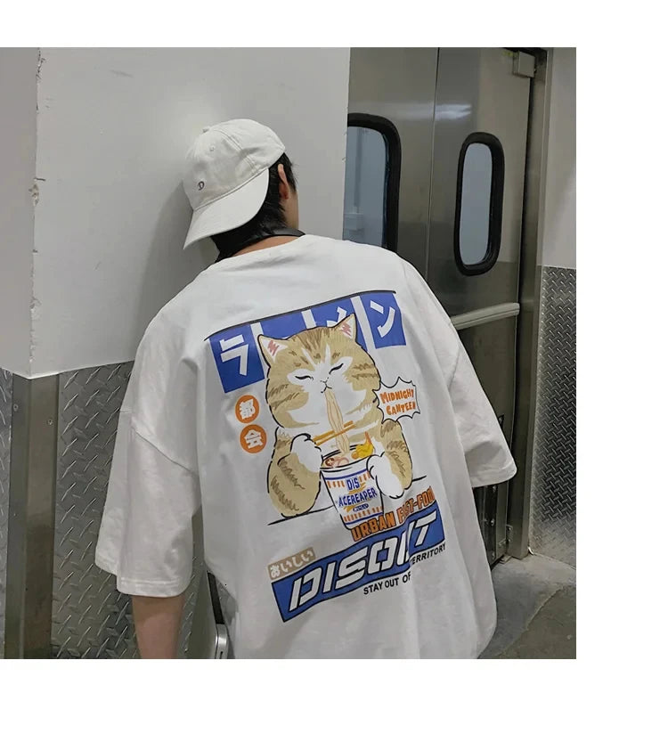 Harajuku Cat Cartoon Eating Noodles Graphic Men Women Tshirts
