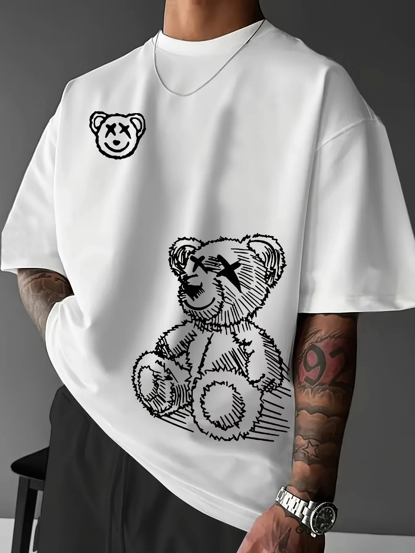 Cartoon Bear Pattern Printed Round Neck Short Sleeved T-shirt