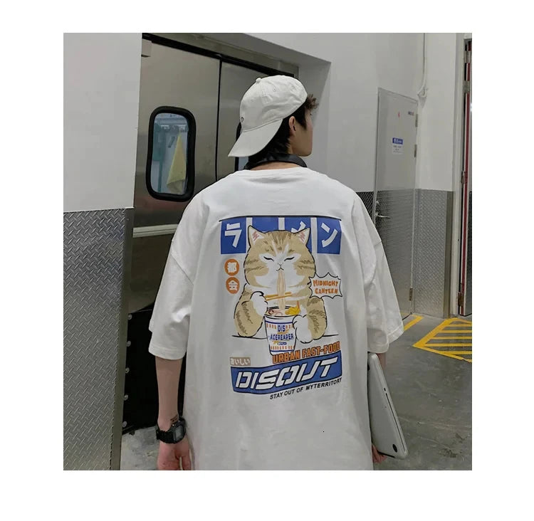 Harajuku Cat Cartoon Eating Noodles Graphic Men Women Tshirts