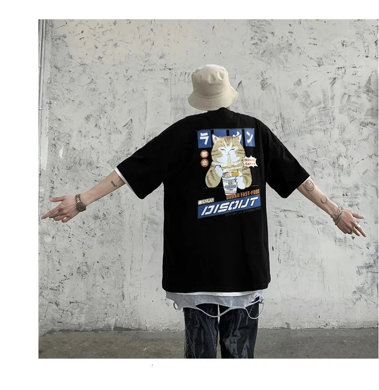 Harajuku Cat Cartoon Eating Noodles Graphic Men Women Tshirts