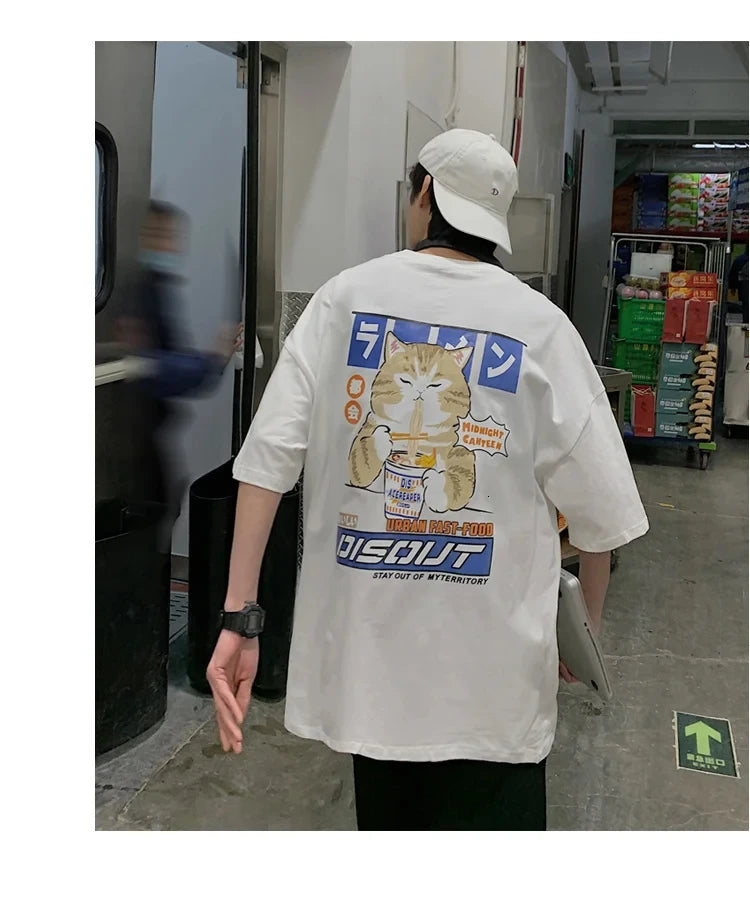 Harajuku Cat Cartoon Eating Noodles Graphic Men Women Tshirts