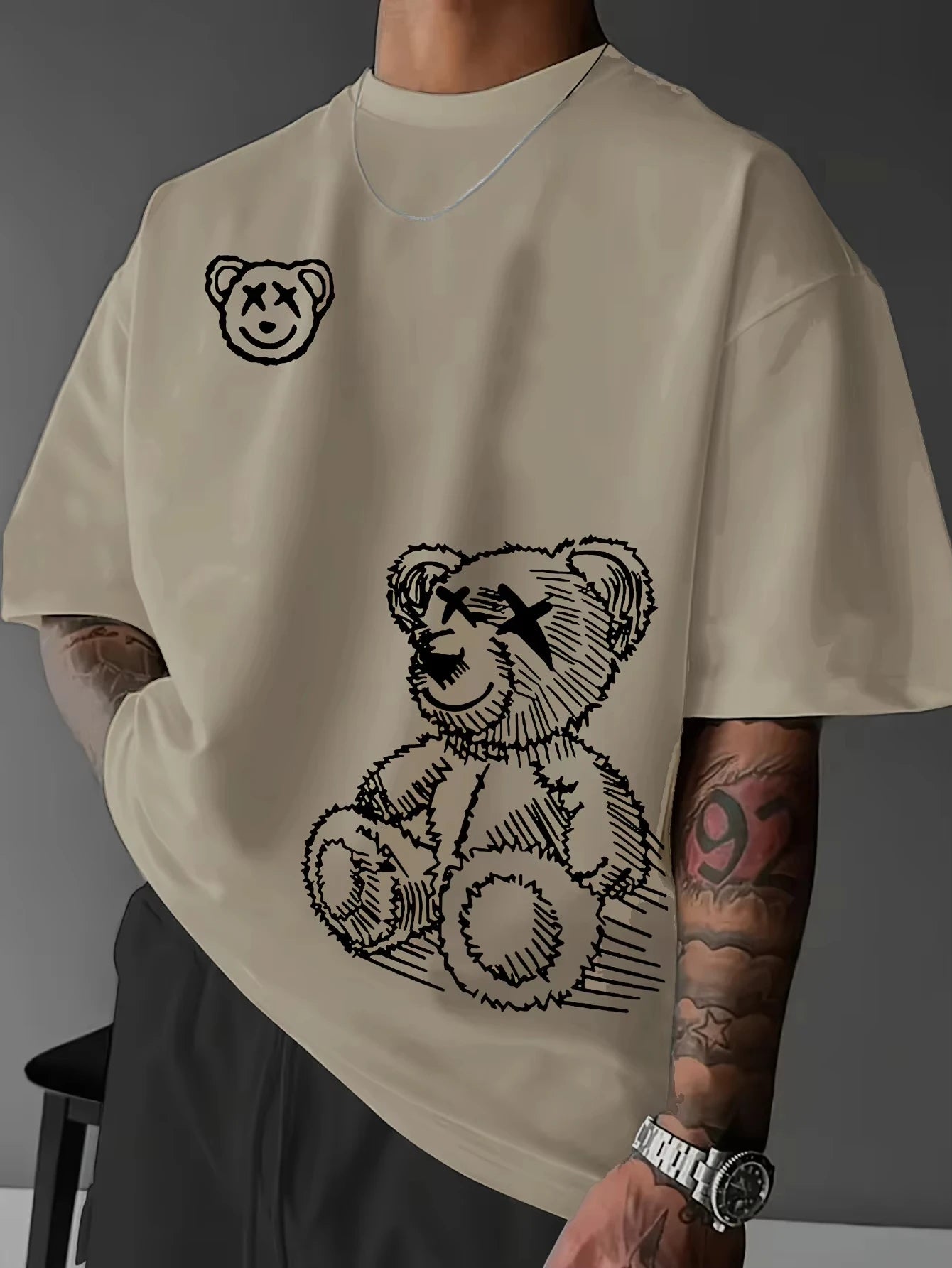 Cartoon Bear Pattern Printed Round Neck Short Sleeved T-shirt