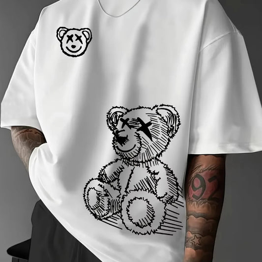Cartoon Bear Pattern Printed Round Neck Short Sleeved T-shirt
