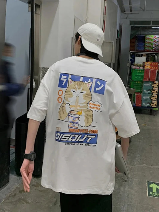Harajuku Cat Cartoon Eating Noodles Graphic Men Women Tshirts