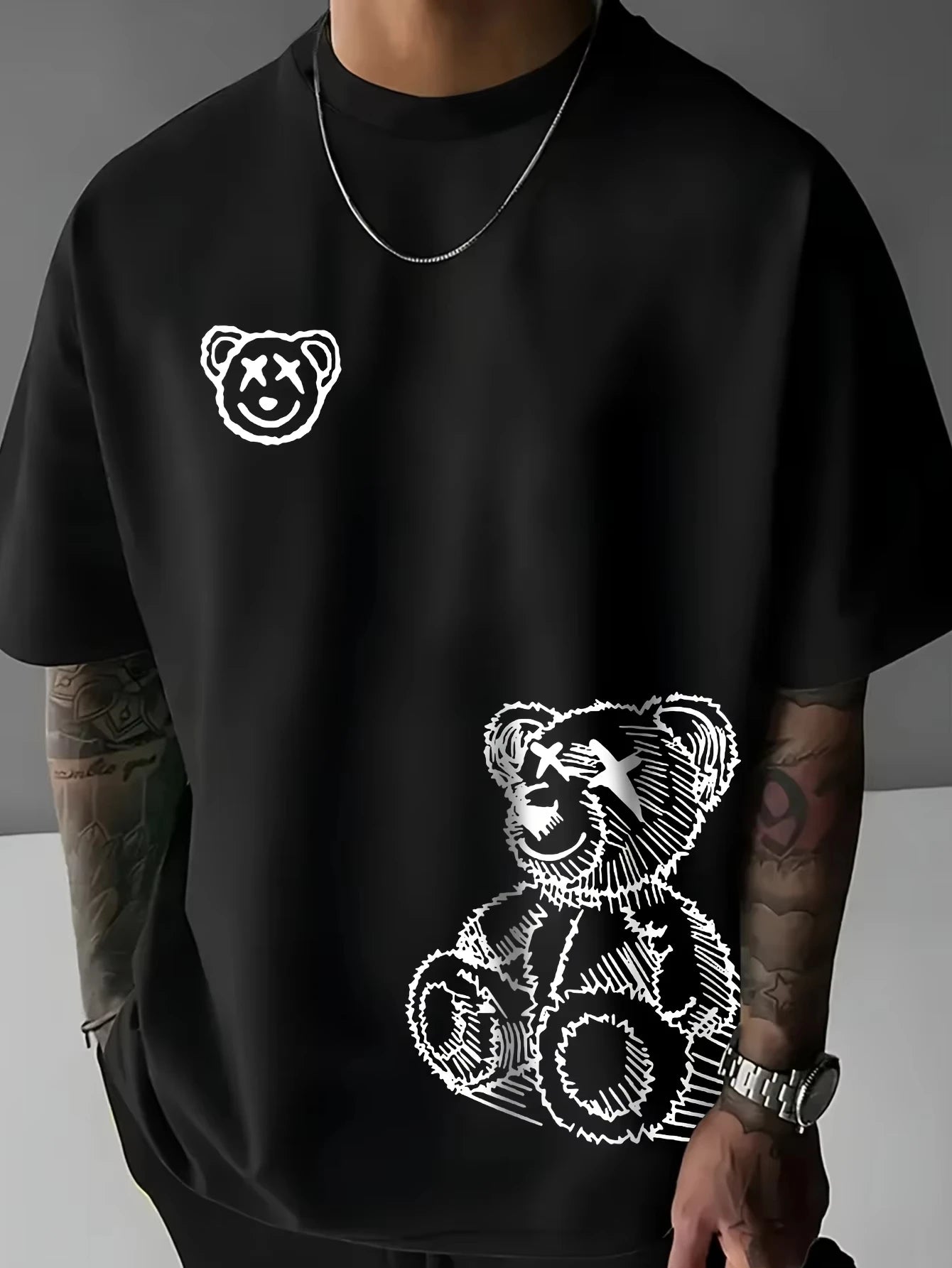 Cartoon Bear Pattern Printed Round Neck Short Sleeved T-shirt